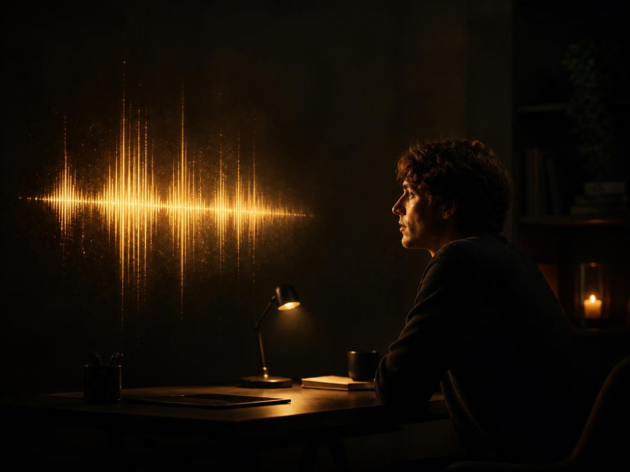 A person rehearsing a conversation with a glowing AI voice waveform